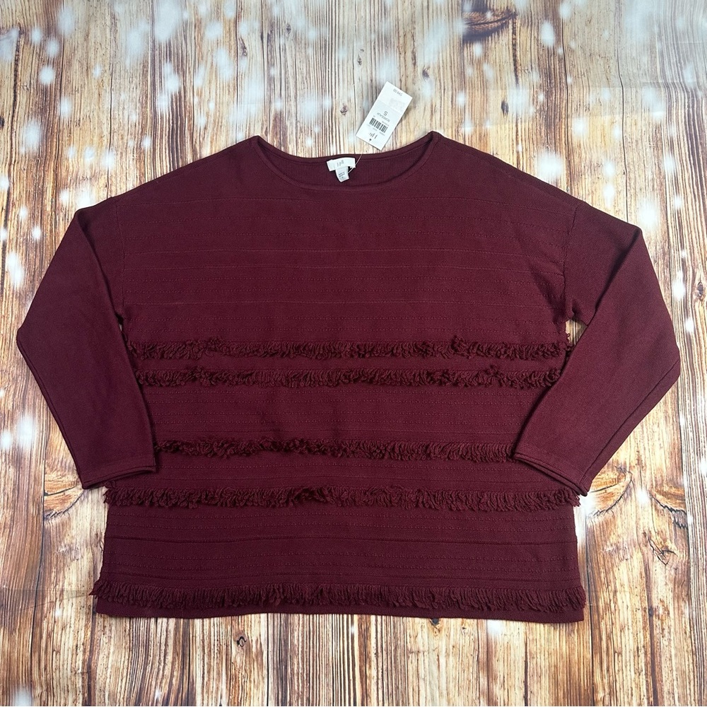 NWT J. Jill Faye Fringe Boat Neck Sweater
Bordeaux Burgundy Size Small.